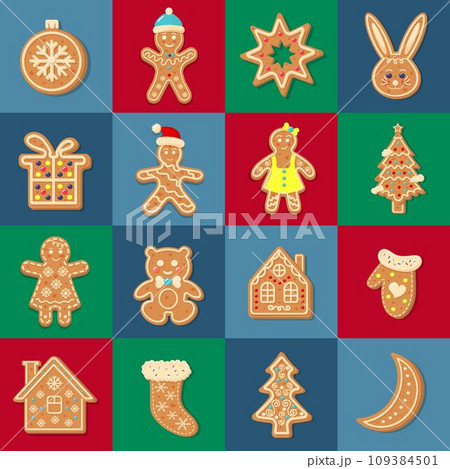 Seamless square pattern with Christmas gingerbread cookies. Geometric checkered print for wrapping paper, background, wallpaper, posters. 109384501