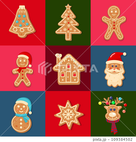 Seamless square pattern with Christmas gingerbread cookies. Geometric checkered print for wrapping paper, background, wallpaper, posters. 109384502