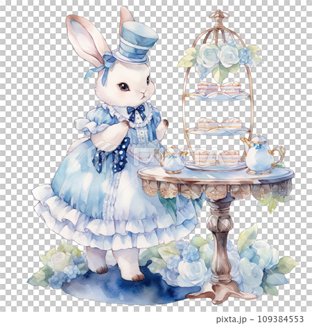 Rabbit wear an elegant blue dress at a spring afternoon tea party 109384553