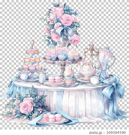 Spring afternoon tea party table Decorated with blue and pink flowers 109384590