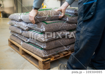 Bags with wood pellets, pellet fuels manufactured in wood pellet line. Reusing wooden industrial waste. Bags with wood pellets, pellet fuels manufactured in wood pellet line. Reusing wooden industrial waste. 109384995