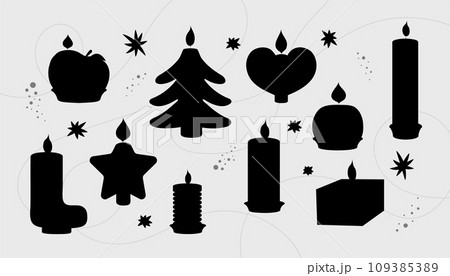 Vector set in silhouette Candles New Year. Christmas tree, star, gift boot, tangerine, gift, heart. 109385389