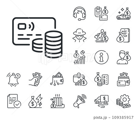 Bank money payment sign. Cash money, loan and mortgage outline icons. Credit card line icon. Non-cash coin pay symbol. Card line sign. Credit card, crypto wallet icon. Inflation, job salary. Vector 109385917