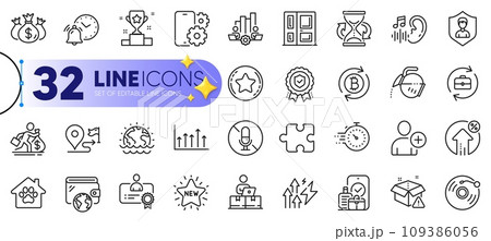Outline set of Timer, Teamwork chart and Loan percent line icons for web with Disaster, Puzzle, Growth chart thin icon. Loyalty star, Wallet, Vinyl record pictogram icon. Winner cup. Vector Outline set of Timer, Teamwork chart and Loan percent line icons for web with Disaster, Puzzle, Growth chart thin icon. Loyalty star, Wallet, Vinyl record pictogram icon. Winner cup. Vector 109386056