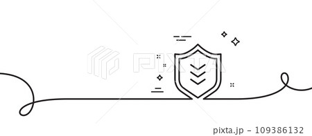 Shield line icon. Continuous one line with curl. Protection symbol. Business security sign. Shield single outline ribbon. Loop curve pattern. Vector Shield line icon. Continuous one line with curl. Protection symbol. Business security sign. Shield single outline ribbon. Loop curve pattern. Vector 109386132