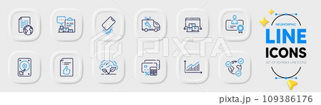Approved document, Internet document and Graph line icons for web app. Pack of Money calculator, Smartphone broken, Co2 gas pictogram icons. Online voting, Car service, Inventory report signs. Vector Approved document, Internet document and Graph line icons for web app. Pack of Money calculator, Smartphone broken, Co2 gas pictogram icons. Online voting, Car service, Inventory report signs. Vector 109386176