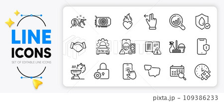 Touchscreen gesture, Handshake and Heart flame line icons set for app include Phishing, Puzzle time, Seo analysis outline thin icon. Grill time, Bitcoin mining, Speech bubble pictogram icon. Vector 109386233