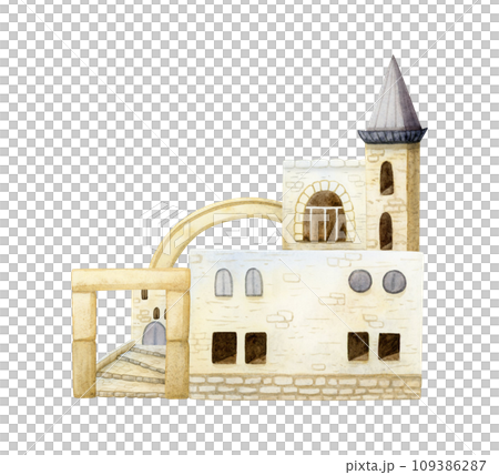 Ancient Israel Jerusalem old city houses or antique Arabic country watercolor illustration isolated on white. Oriental scene with vintage tower, stairs and arch. Romanian Europe ancient architecture 109386287