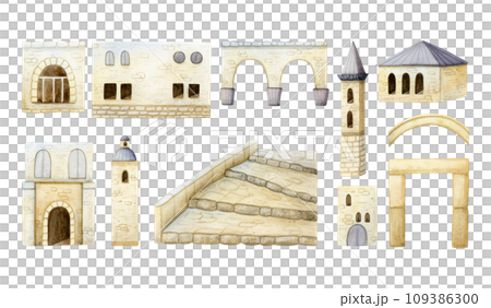 Ancient Middle East houses watercolor illustration set isolated on white. Hand drawn traditional Arabic stone architecture. Islamic town with stairs and towers. Mediterranean or Romanian culture Ancient Middle East houses watercolor illustration set isolated on white. Hand drawn traditional Arabic stone architecture. Islamic town with stairs and towers. Mediterranean or Romanian culture 109386300