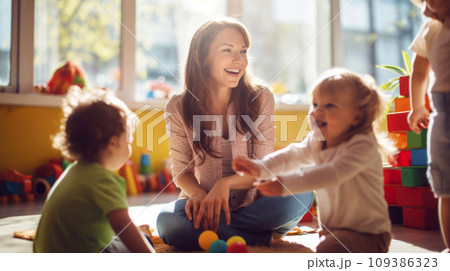 Kids with Female Tutor in Kindergarden Kids with Female Tutor in Kindergarden 109386323