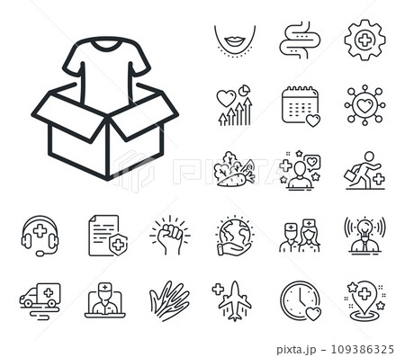 Charity box sign. Online doctor, patient and medicine outline icons. Clothing donation line icon. Shirt symbol. Clothing line sign. Veins, nerves and cosmetic procedure icon. Intestine. Vector Charity box sign. Online doctor, patient and medicine outline icons. Clothing donation line icon. Shirt symbol. Clothing line sign. Veins, nerves and cosmetic procedure icon. Intestine. Vector 109386325