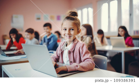 Student Girl Using Laptop During School Hours 109386391