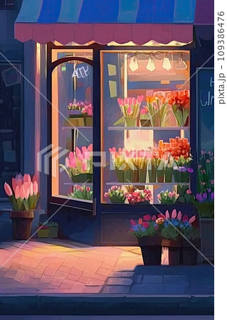 Bouquets are on sale. Entrance into a small flower shop 109386476