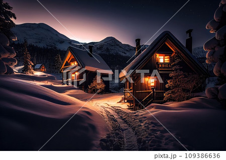 Winter landscape. Ski resort. Houses in mountains. Winter landscape. Ski resort. Houses in mountains. 109386636