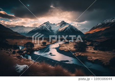 valley with a river. Magnificent mountains in the background. Impressive landscape. Generative Ai valley with a river. Magnificent mountains in the background. Impressive landscape. Generative Ai 109386644