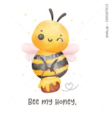 Cute baby bee with honey watercolor cartoon character hand painting illustration vector. Cute baby bee with honey watercolor cartoon character hand painting illustration vector. 109387013