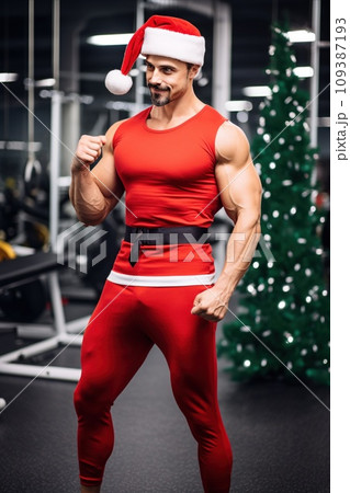 Santa Claus fitness trainer. A muscular man in a gym 109387193