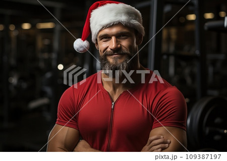 Santa Claus fitness trainer. A muscular man in a gym Santa Claus fitness trainer. A muscular man in a gym 109387197