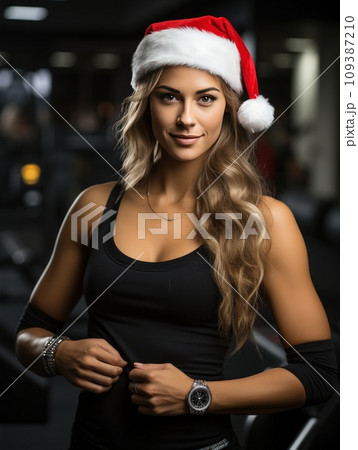 Female Santa Claus fitness trainer. A muscular man in a gym Female Santa Claus fitness trainer. A muscular man in a gym 109387210