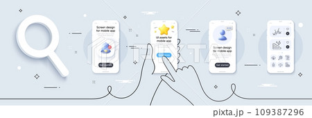 Talk, Feather and Consumption growth line icons pack. Phone screen mockup with 3d star, alert and chat message. Inspect, Cloud computing, Gluten free web icon. Vector 109387296