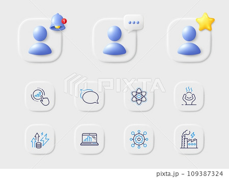 Framework, Talk bubble and Chemistry atom line icons. Placeholder with 3d star, reminder bell, chat. Pack of Difficult stress, Graph chart, Graph laptop icon. Vector Framework, Talk bubble and Chemistry atom line icons. Placeholder with 3d star, reminder bell, chat. Pack of Difficult stress, Graph chart, Graph laptop icon. Vector 109387324