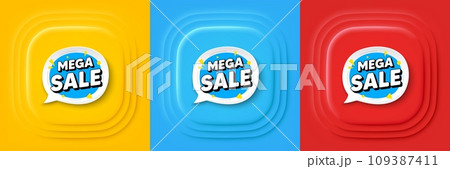 Mega sale bubble. Neumorphic offer banner, flyer or poster. Discount banner shape. Coupon sticker icon. Mega sale promo event banner. 3d square buttons. Special deal coupon. Vector 109387411