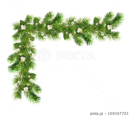 Green Christmas pine twigs and snowberries in a festive corner arrangement isolated on white 109387781