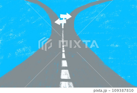 青空のなかに走る道路が2つに分かれその分岐点に矢印があるイラスト 109387810