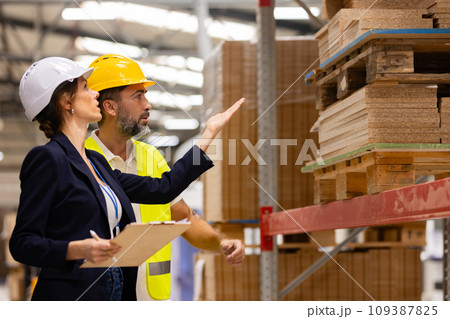 Female manager talking with foreman. Warehouse, production worker preparing products for shipment. Woman quality controller checking quality of products, talking with technician. 109387825