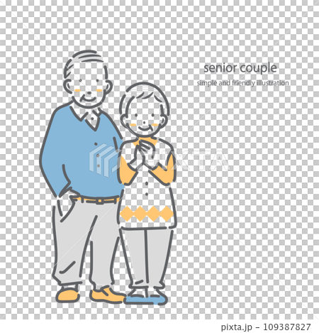 A smiling senior couple in their 70s and 80s. Simple and stylish line drawing illustration. 109387827