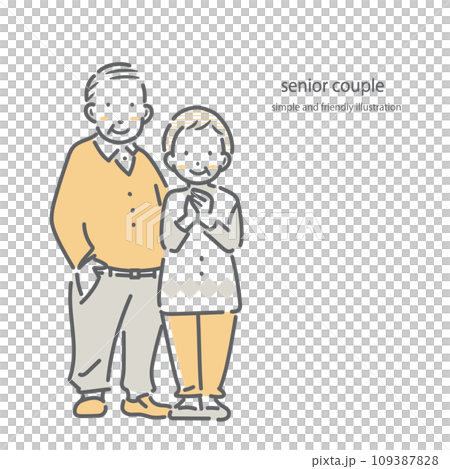 A smiling senior couple in their 70s and 80s. Simple and stylish line drawing illustration. 109387828