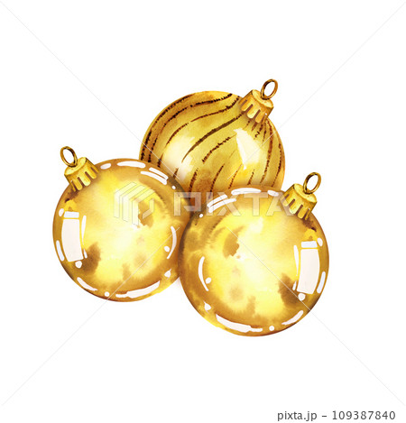watercolor illustration of Christmas tree toys with shiny gold balls, golden glitter balls, frame with Christmas decoration isolated on white background 109387840