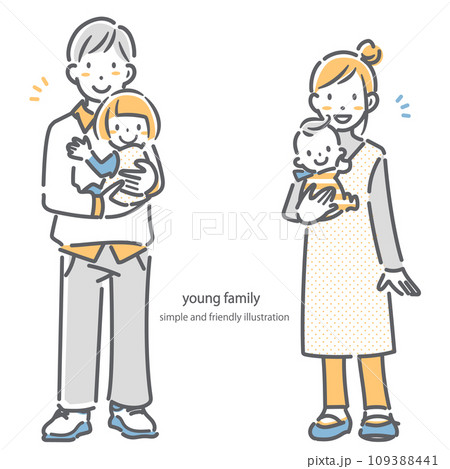 子供2人の若い夫婦家族　シンプルでお洒落な線画イラスト　 109388441