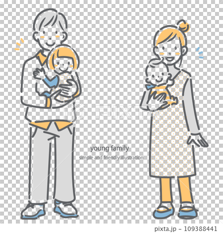子供2人の若い夫婦家族　シンプルでお洒落な線画イラスト　 109388441
