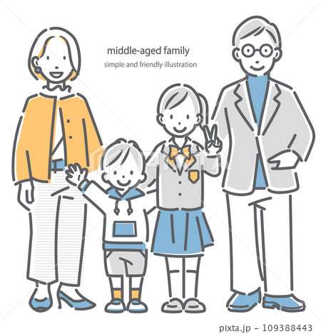 子供2人のミドル夫婦家族　シンプルでお洒落な線画イラスト　 109388443