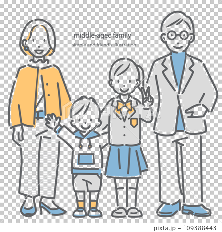 子供2人のミドル夫婦家族　シンプルでお洒落な線画イラスト　 109388443