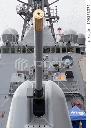 ミサイル駆逐艦ヒギンズの主砲と艦橋 109388573