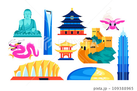 Antiquities and features of China - flat design style objects set Antiquities and features of China - flat design style objects set 109388965