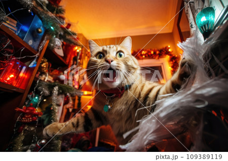 A cat left alone at home wreaks havoc in a room decorated for Christmas A cat left alone at home wreaks havoc in a room decorated for Christmas 109389119