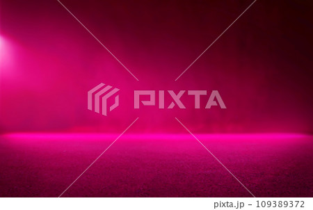 Abstract dark asphalt with neon pink light reflections smoke and rays template scene Abstract dark asphalt with neon pink light reflections smoke and rays template scene 109389372