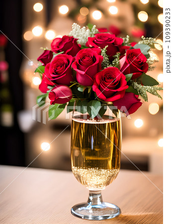 Romantic celebration with hearts champagne and roses. 109390233