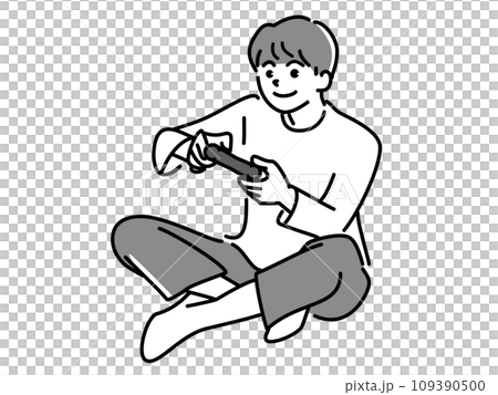 一個男孩盤腿坐著玩遊戲,單色 一個男孩盤腿坐著玩遊戲,單色 109390500