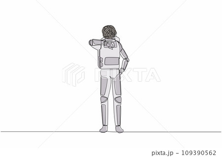 Single one line drawing of young astronaut with round scribbles instead of head, showing thumbs down sign, dislike, disapproval. Cosmic galaxy space. Continuous line graphic design vector illustration Single one line drawing of young astronaut with round scribbles instead of head, showing thumbs down sign, dislike, disapproval. Cosmic galaxy space. Continuous line graphic design vector illustration 109390562