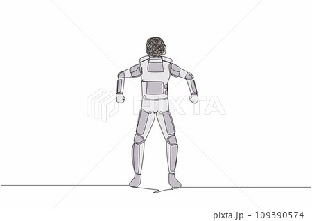 Single one line drawing of astronaut with round scribble instead of head. Angry spaceman. Emotional in rage. Feeling anger. Cosmic galaxy space. Continuous line draw graphic design vector illustration 109390574