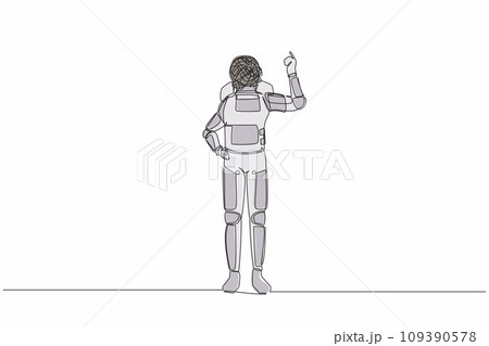 Single one line drawing astronaut with round scribbles instead of head, showing index finger, representing idea, solution. Cosmic galaxy space. Continuous line draw graphic design vector illustration Single one line drawing astronaut with round scribbles instead of head, showing index finger, representing idea, solution. Cosmic galaxy space. Continuous line draw graphic design vector illustration 109390578
