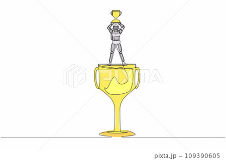 Single continuous line drawing astronaut standing above big trophy and lifting up winner cup. Celebrating spaceship competition award. Cosmonaut deep space. One line graphic design vector illustration 109390605