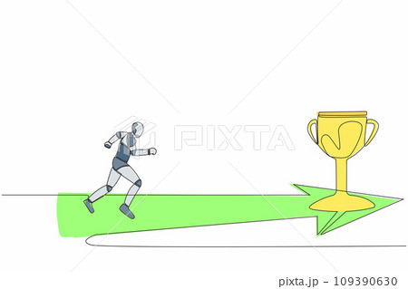 Single continuous line drawing of robot running to golden trophy. Tech business direction. Robotic artificial intelligence. Electronic technology industry. One line graphic design vector illustration Single continuous line drawing of robot running to golden trophy. Tech business direction. Robotic artificial intelligence. Electronic technology industry. One line graphic design vector illustration 109390630
