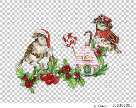 Christmas composition with bird sparrow in red Christmas hat and coat . Hand drawn watercolor elements. Perfect for wedding invitation, greetings card, posters, party decoration. 109391003
