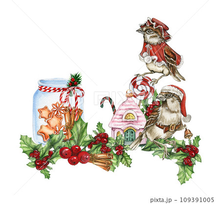 Christmas composition with glass bottle with gingerbread inside and sparrow. Watercolor hand drawn illustration. New Year's card,perfect for wedding, invitations, blogs, card templates, patterns. 109391005