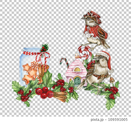 Christmas composition with glass bottle with gingerbread inside and sparrow. Watercolor hand drawn illustration. New Year's card,perfect for wedding, invitations, blogs, card templates, patterns. Christmas composition with glass bottle with gingerbread inside and sparrow. Watercolor hand drawn illustration. New Year's card,perfect for wedding, invitations, blogs, card templates, patterns. 109391005